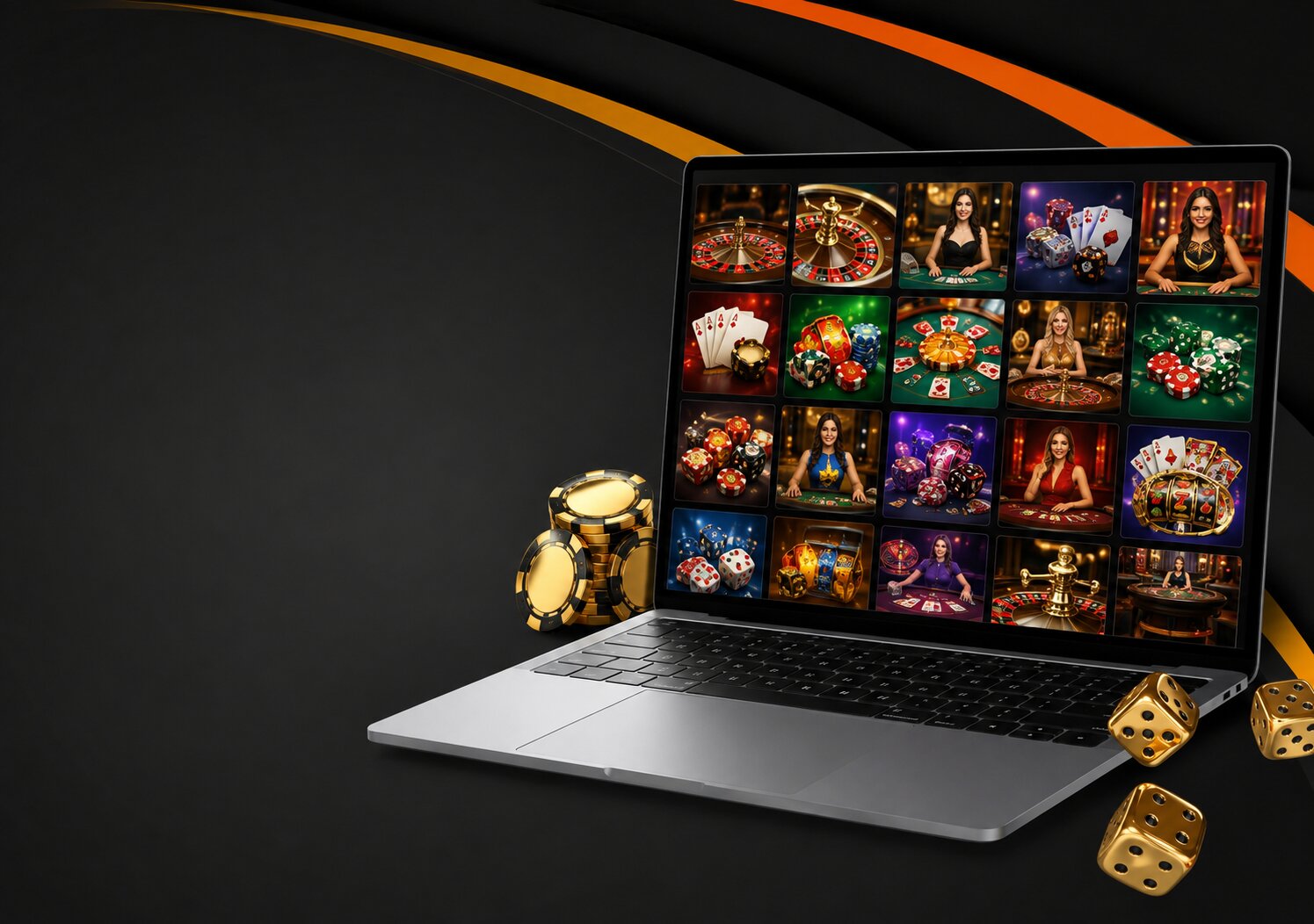 FairPlay casino games page displayed on a laptop with dice and casino chips nearby.