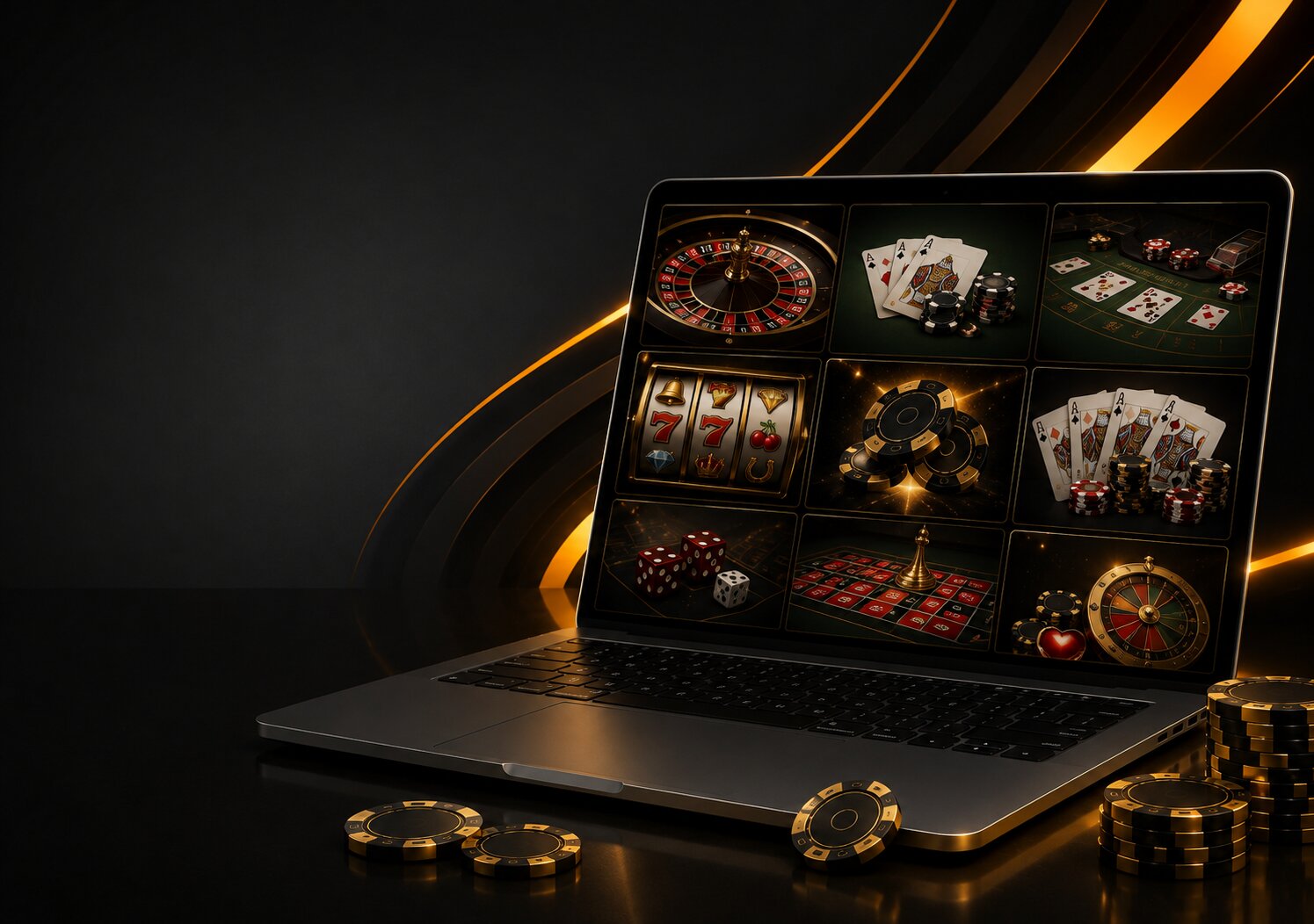 Laptop displaying fairplay table games selection with dice placed beside the screen.