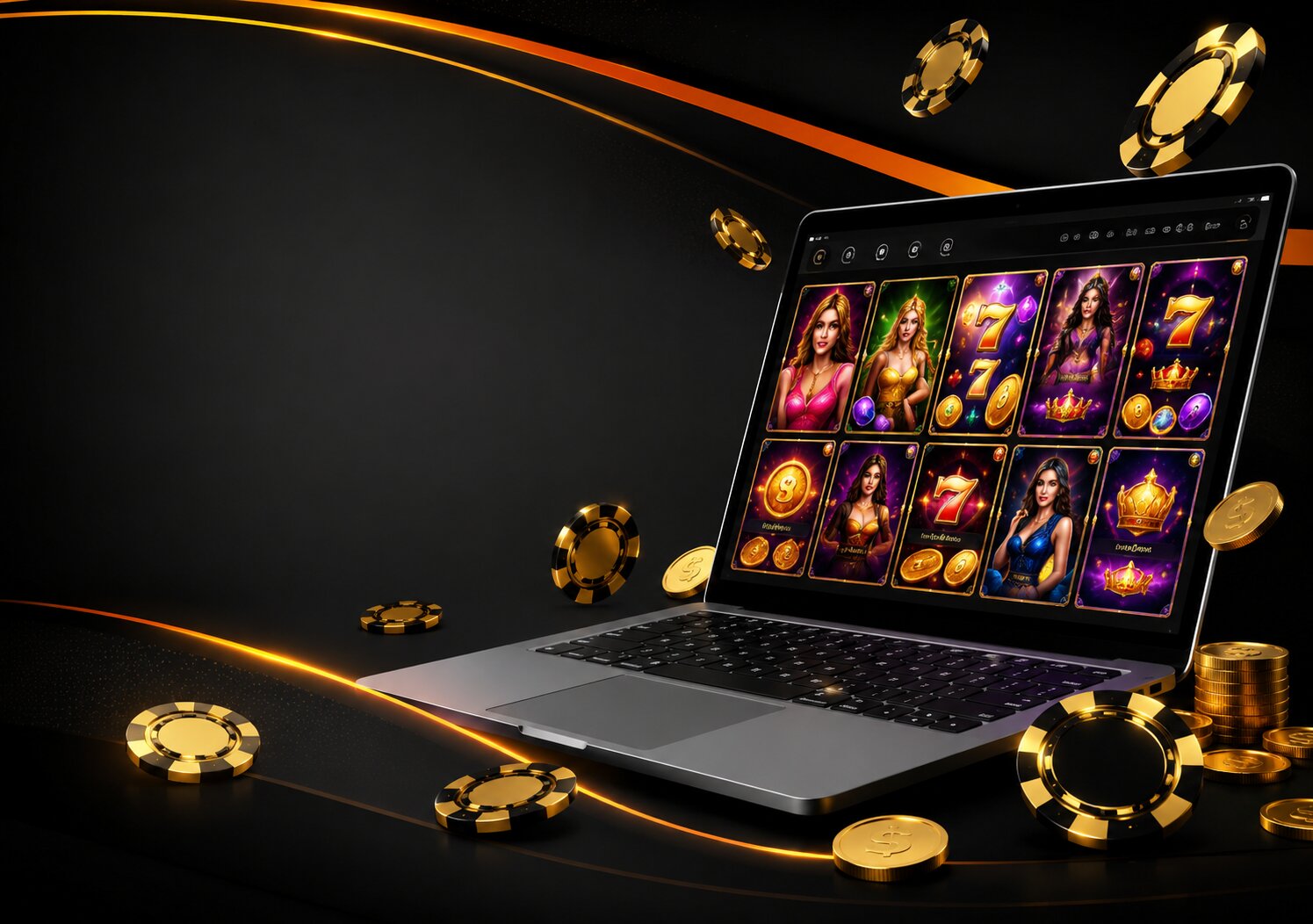 Laptop showing the fairplay slots section with casino chips placed beside the screen.