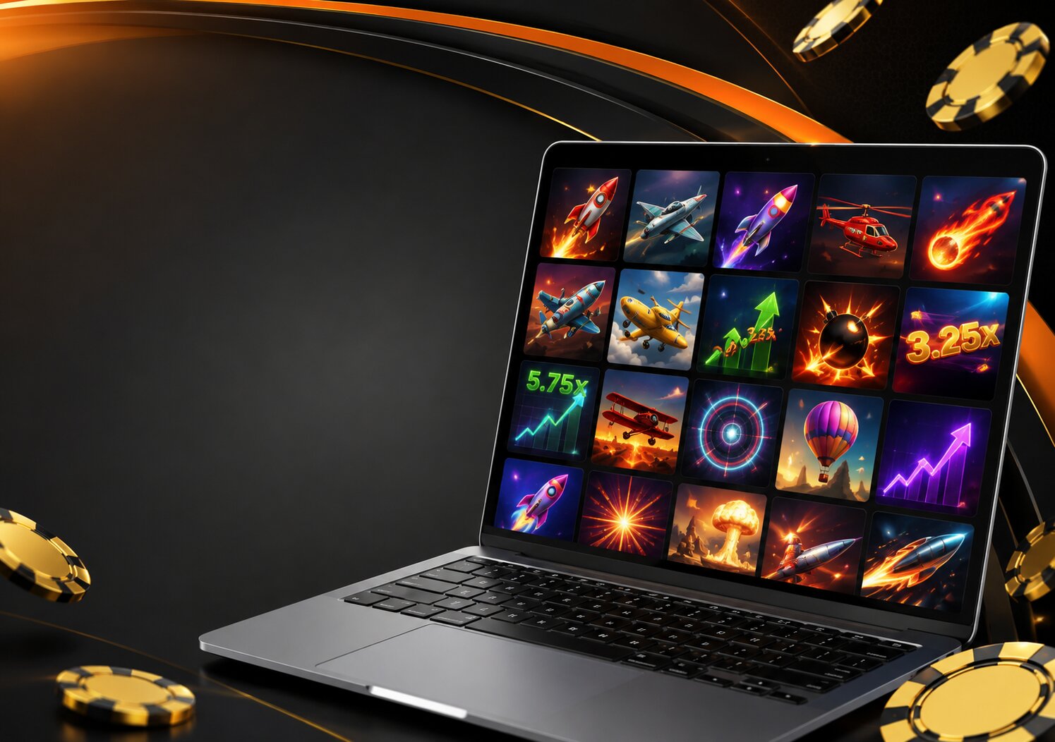 Laptop displaying fairplay crash games available for players with casino chips nearby.