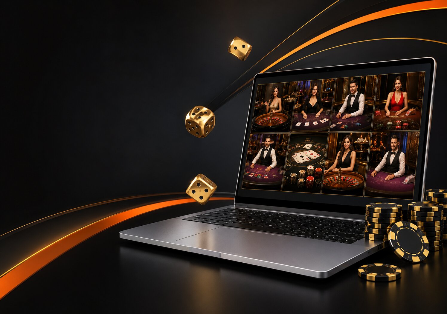 FairPlay live casino page shown on a laptop with dice positioned next to it.
